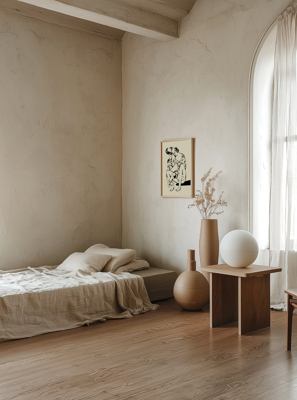 mind poster displayed in a minimalist bedroom with neutral tones, wooden furniture, and a vase.