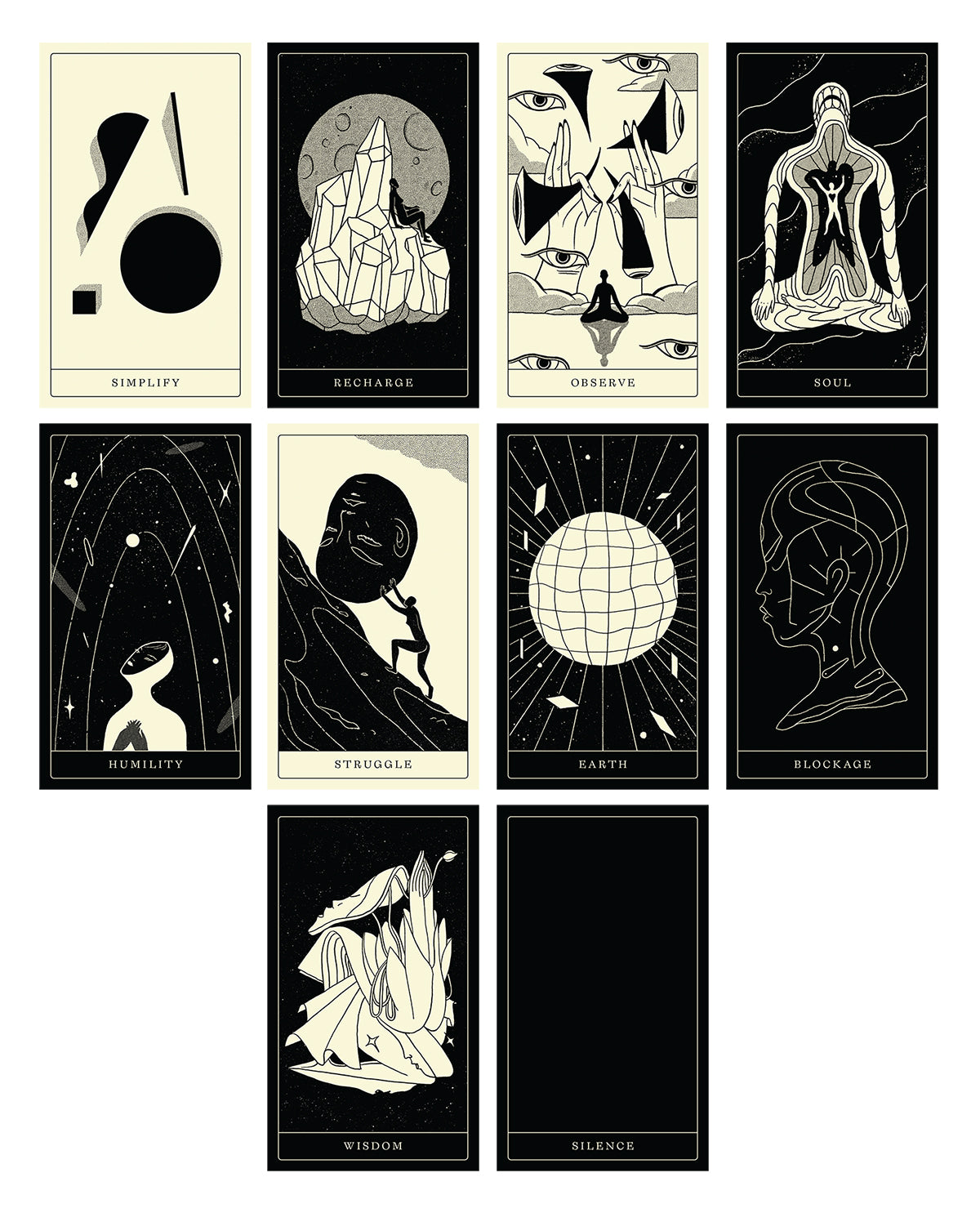 Poesis cards preview- simplify, rechage, body, observe, wisdom, humility, struggle, earth, blockage, silence