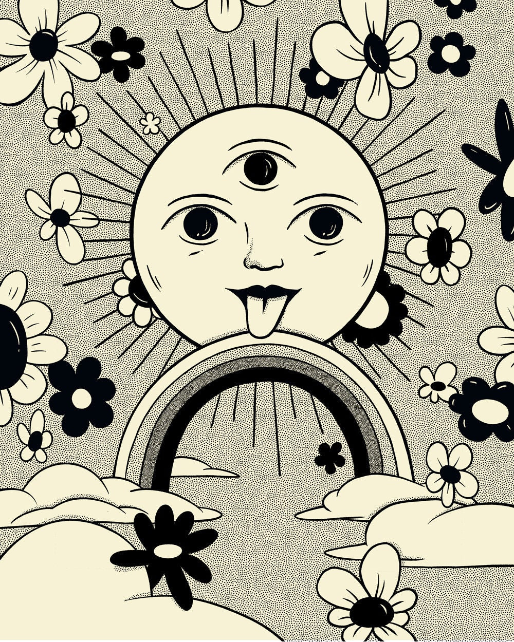 A black and white design with a stylized sun along with floral patterns and a rainbow.