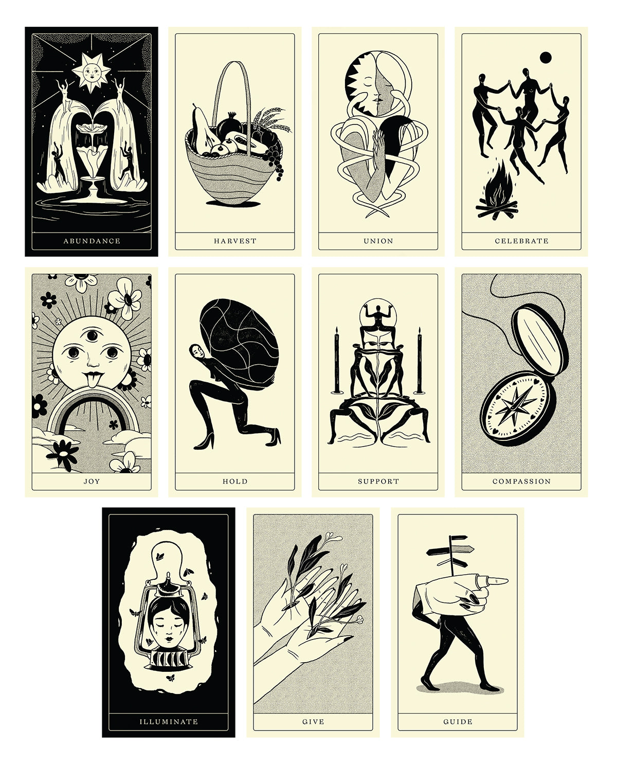 A collection of various card designs by Andrea Wan, each depicted on a card with a black and white aesthetic.