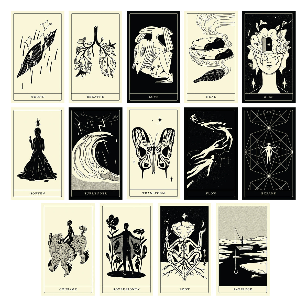 A collection of various card designs by Andrea Wan, each depicted on a card with a black and white aesthetic.