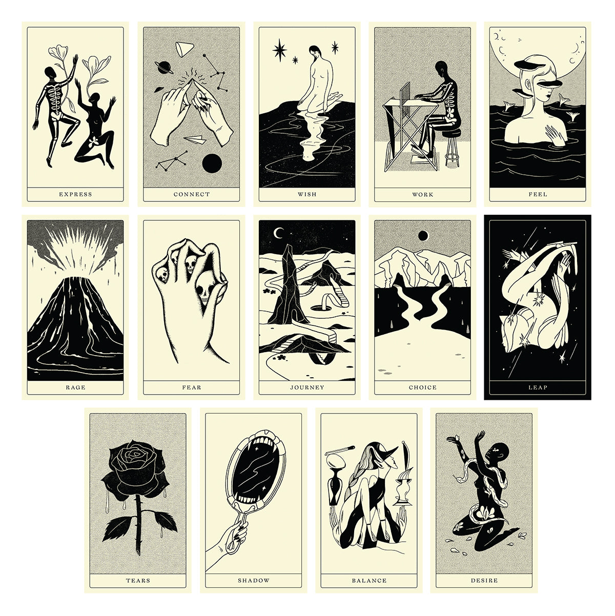 A collection of various card designs by Andrea Wan, each depicted on a card with a black and white aesthetic.