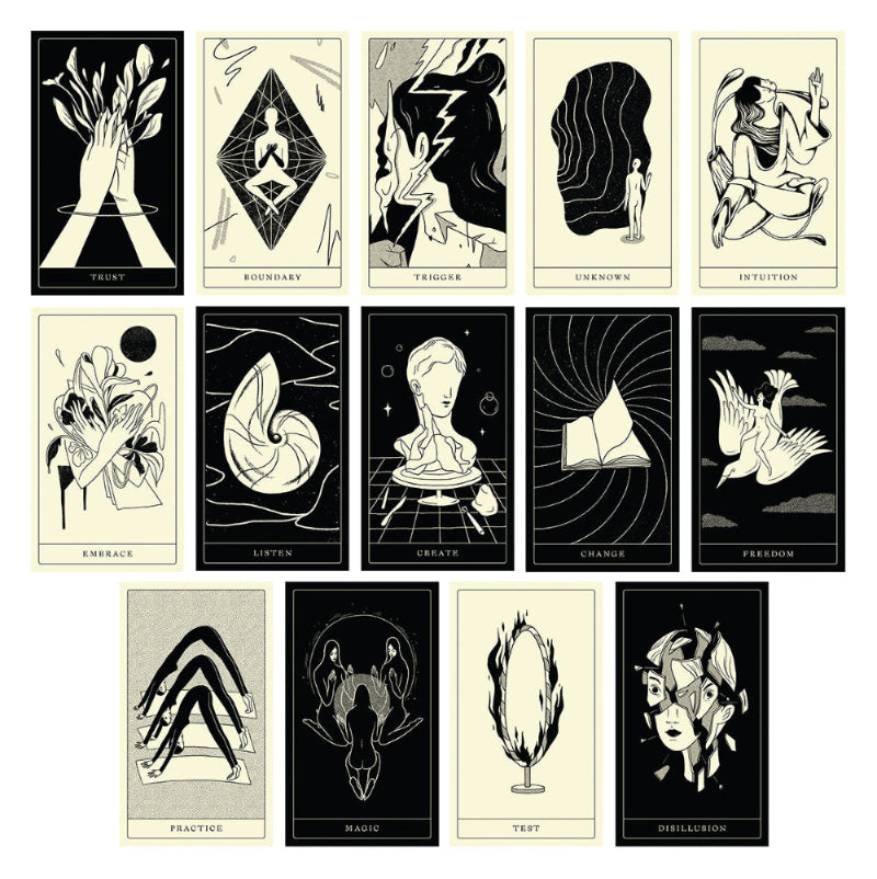 A collection of various card designs by Andrea Wan, each depicted on a card with a black and white aesthetic.