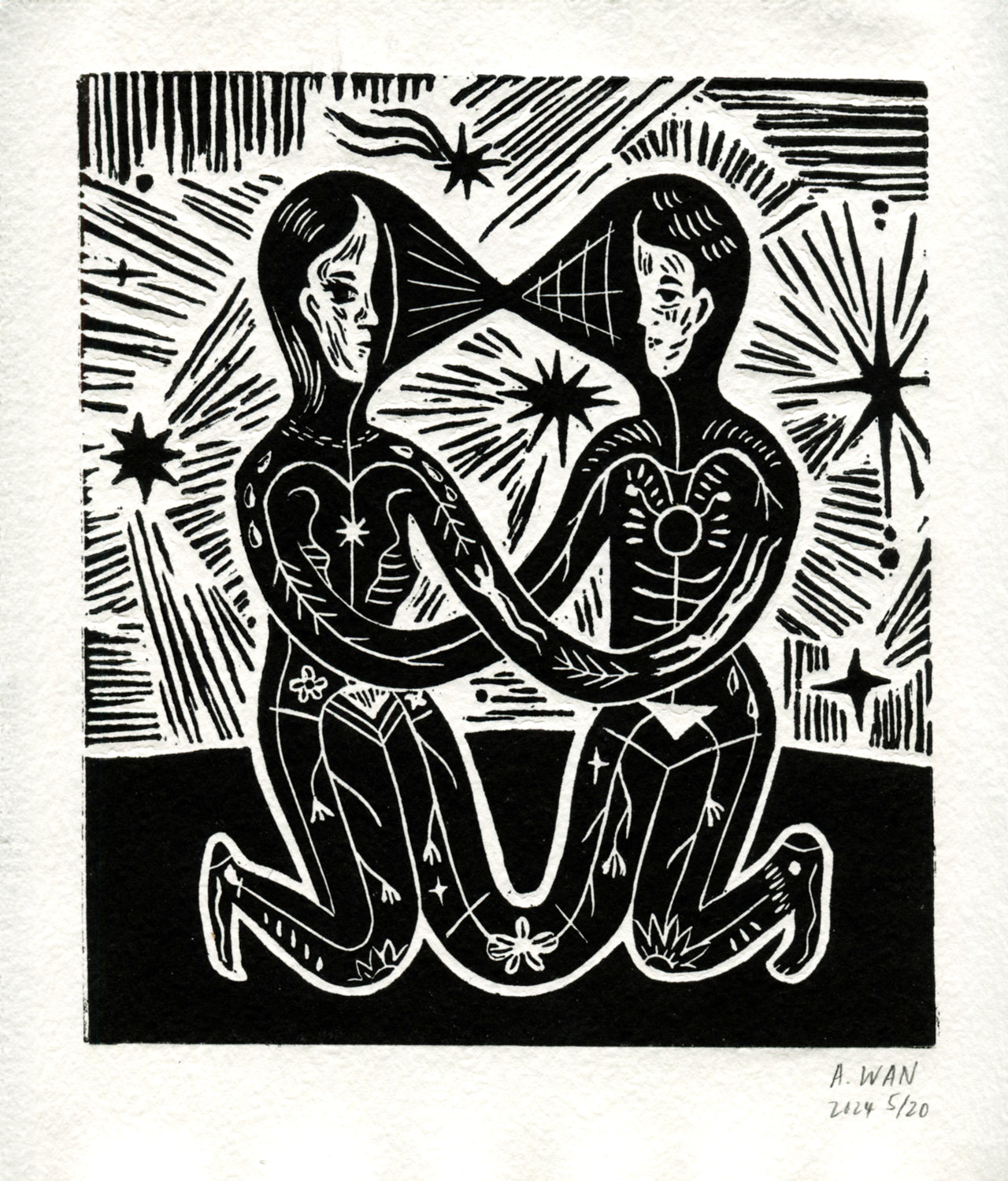Black and white linocut print of two figures intertwined with star and web patterns.