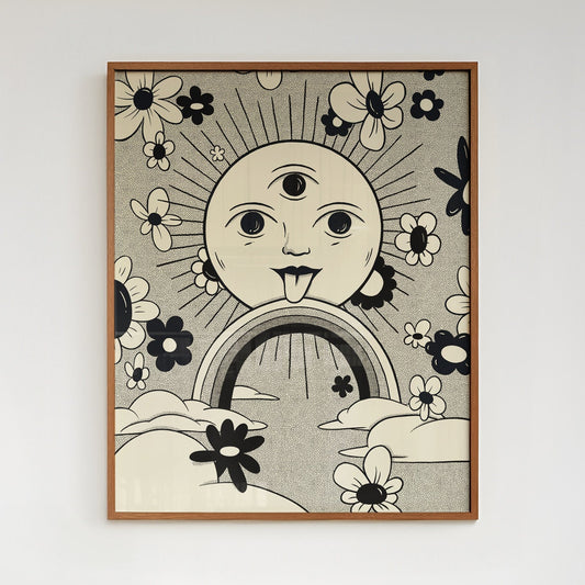 A framed poster featuring a black and white design with a stylized sun,along with floral patterns and a rainbow.