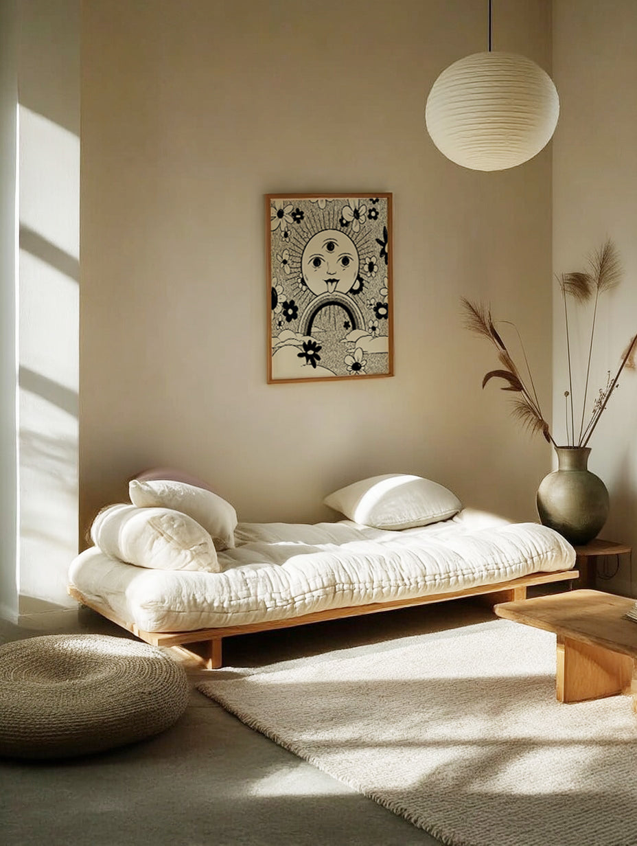 Poster displayed in a minimalist bedroom with a wooden bed, white bedding, and decorative elements.
