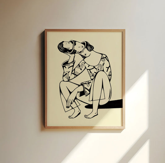 This image features the "MIND" Archival Poster, displayed in a framed and matted presentation. The poster is a Giclee print on premium 200gsm matte art paper, showcasing a minimalistic black and white line art depiction of two figures in an intimate, comforting pose.