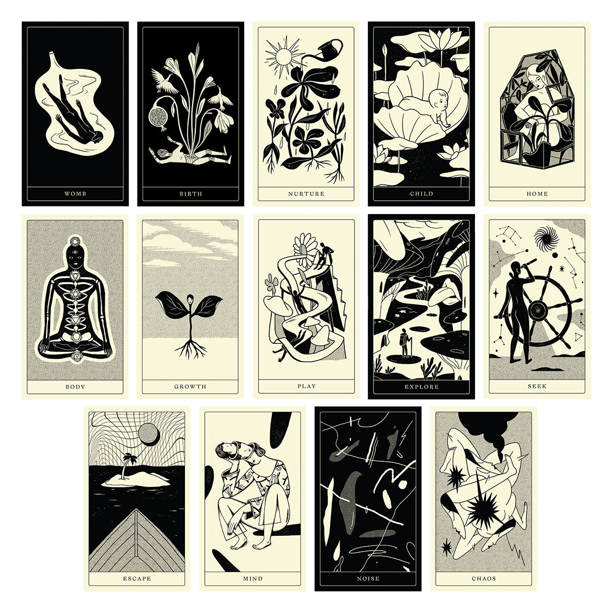 A collection of various card designs by Andrea Wan, each depicted on a card with a black and white aesthetic.