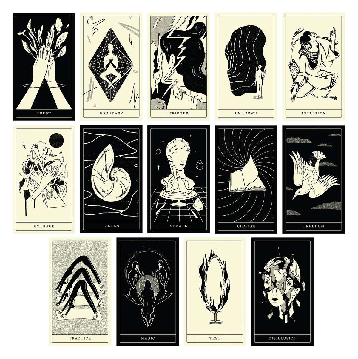 A collection of various card designs by Andrea Wan, each depicted on a card with a black and white aesthetic.
