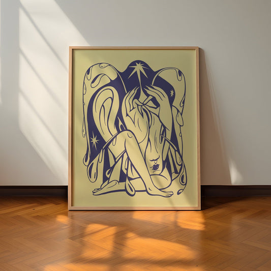 A poster featuring a minimalistic, abstract design with a figure in a sitting position, surrounded by fluid, curved lines in blue and beige tones, displayed on a wall in a well-lit room.